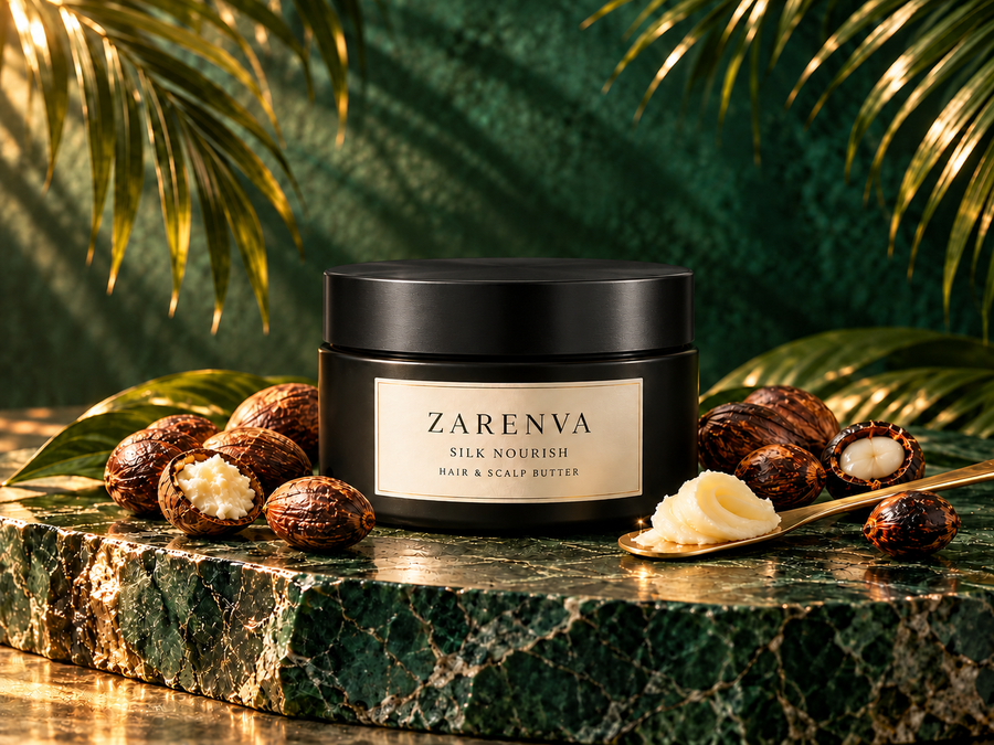 Packaging preview of Zarenva Silk Nourish Hair and Scalp Butter with a black lid in an emerald and gold setting.