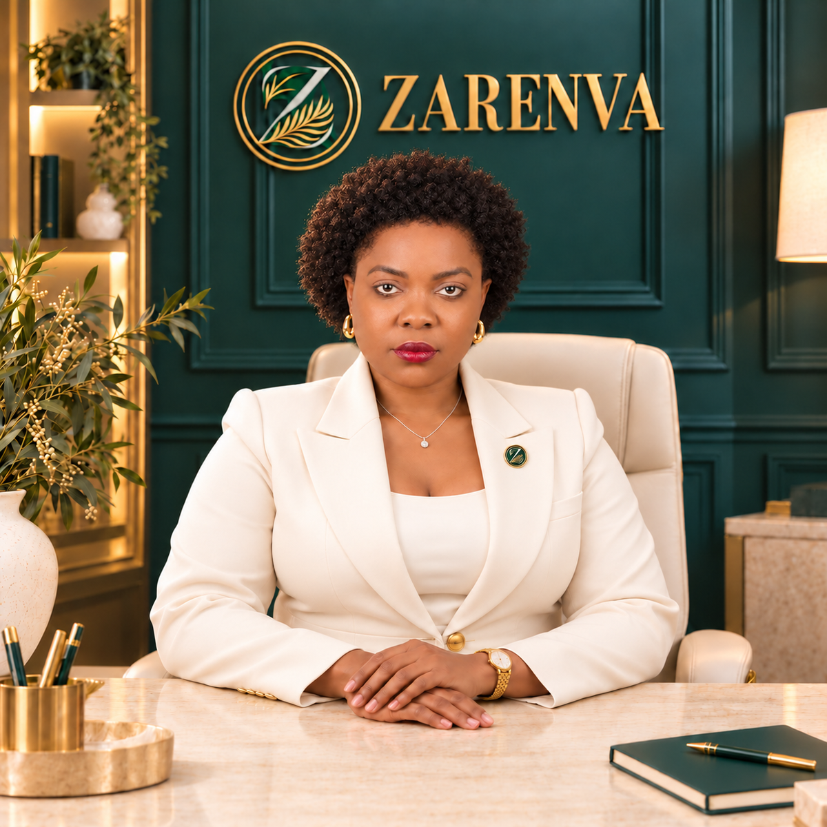 Doris Chinonyerem seated at her desk in an ivory suit with the Zarenva lapel pin, against the emerald and gold Zarenva office wall.