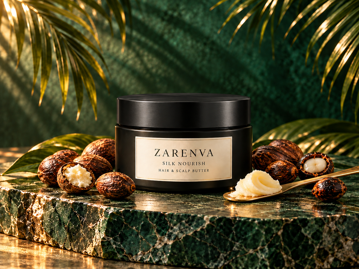 Packaging preview of Zarenva Silk Nourish Hair and Scalp Butter with a black lid, shea nuts and palm kernels in an emerald and gold setting.