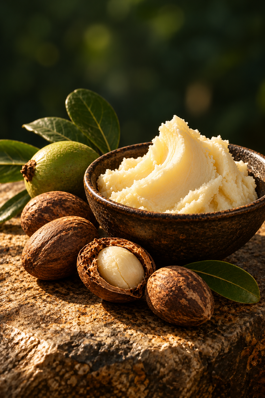 Illustration of shea butter in a bowl with shea nuts and leaves.