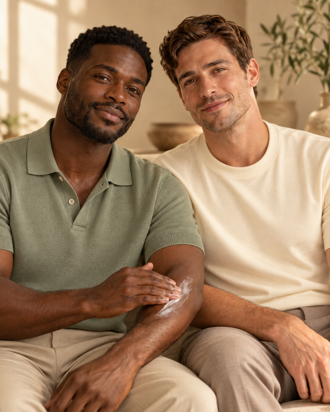 A Black man in sage and a white man in cream in a Zarenva body care campaign.