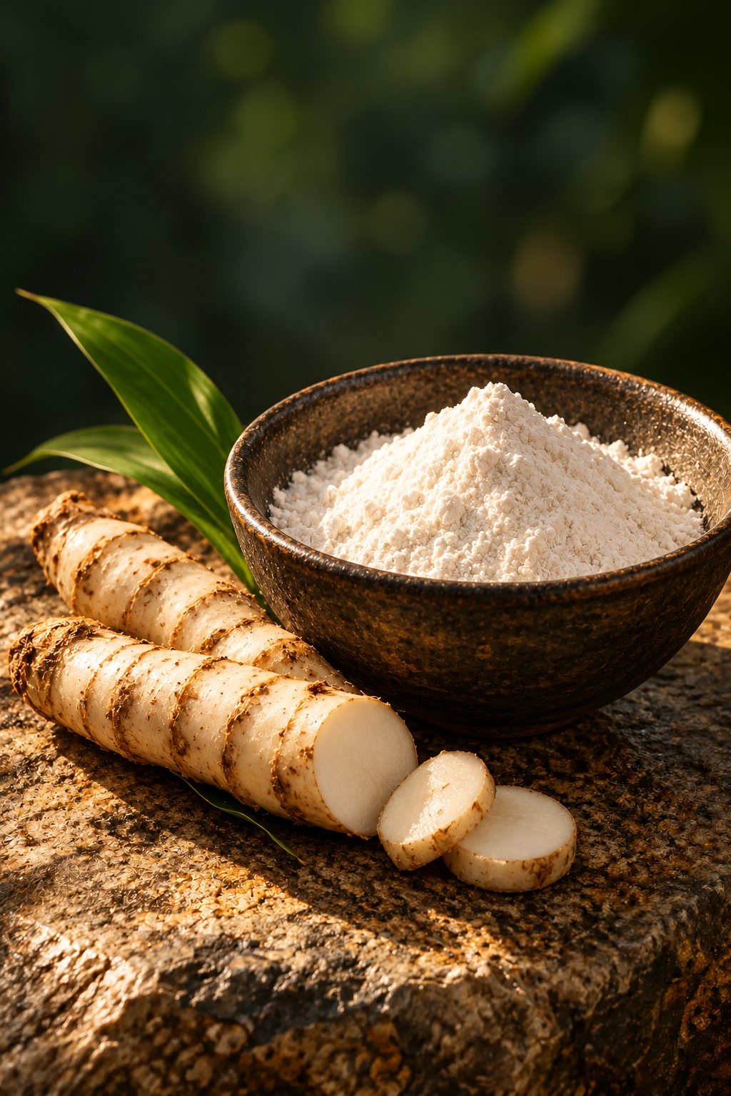 Illustration of arrowroot powder with rhizomes in warm light against deep green