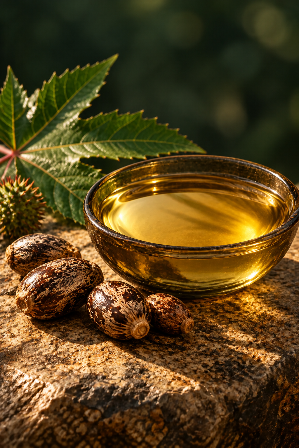Illustration of castor oil with castor seeds in warm light against deep green