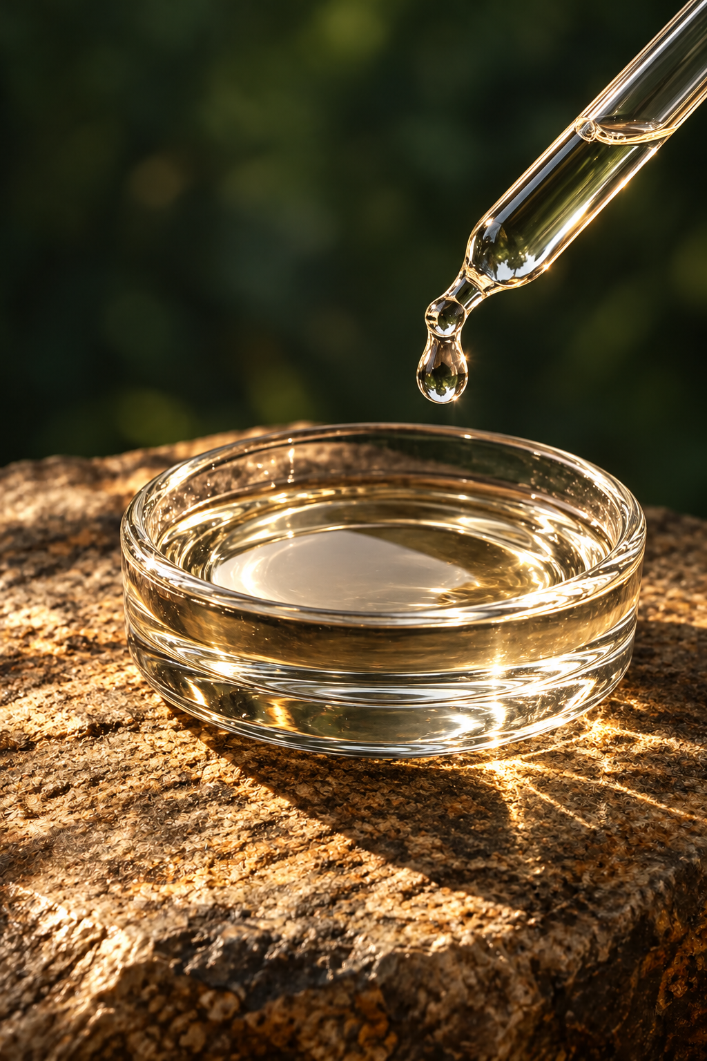 Illustration of caprylic/capric triglyceride as a clear cosmetic emollient in warm light against deep green