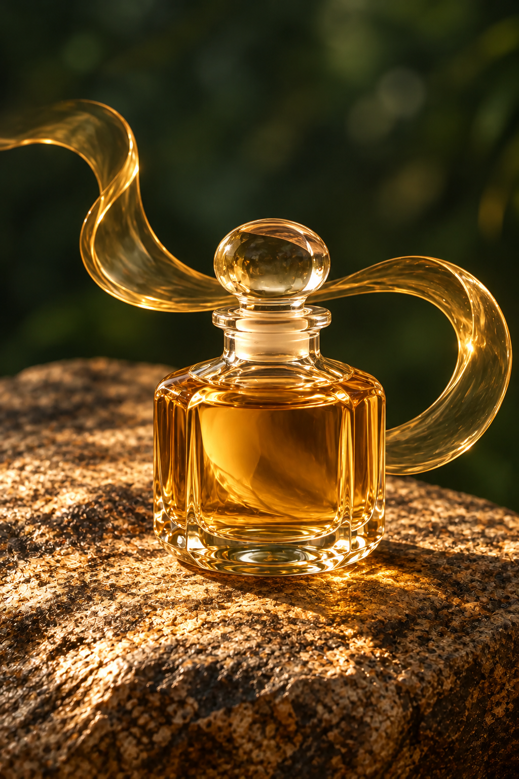 Illustration of the fragrance, represented by golden glass forms in warm light against deep green