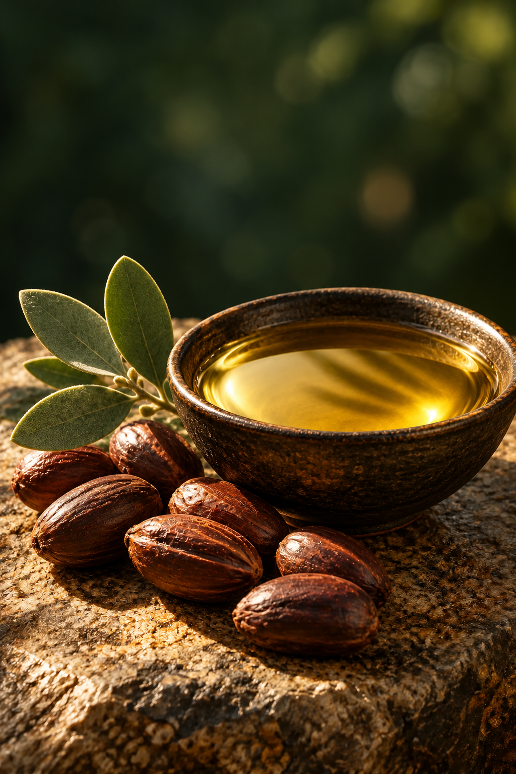 Illustration of jojoba oil with seeds and leaves in warm light against deep green