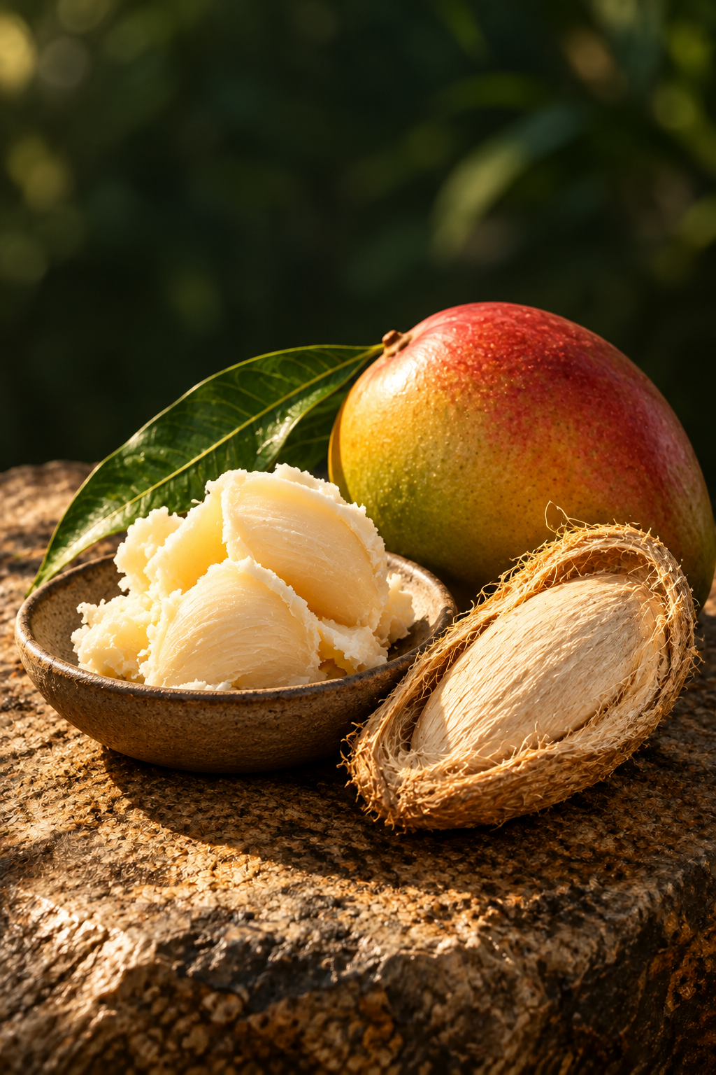 Illustration of mango seed butter with a mango stone in warm light against deep green