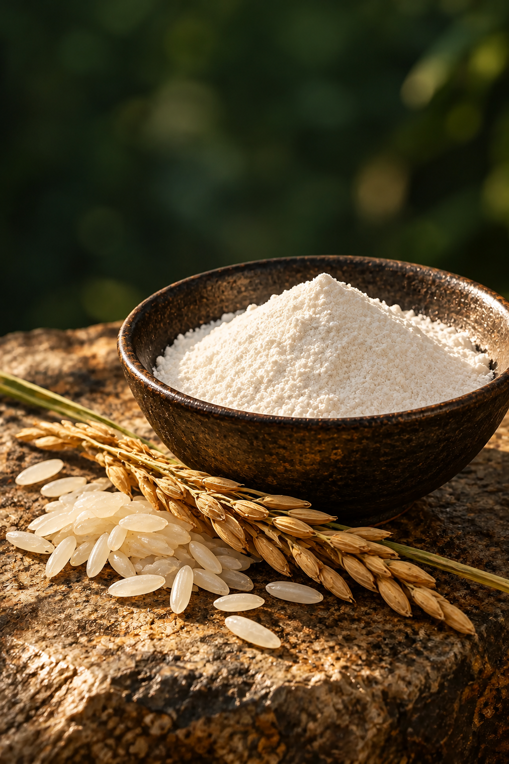 Illustration of fine rice starch with rice grains in warm light against deep green