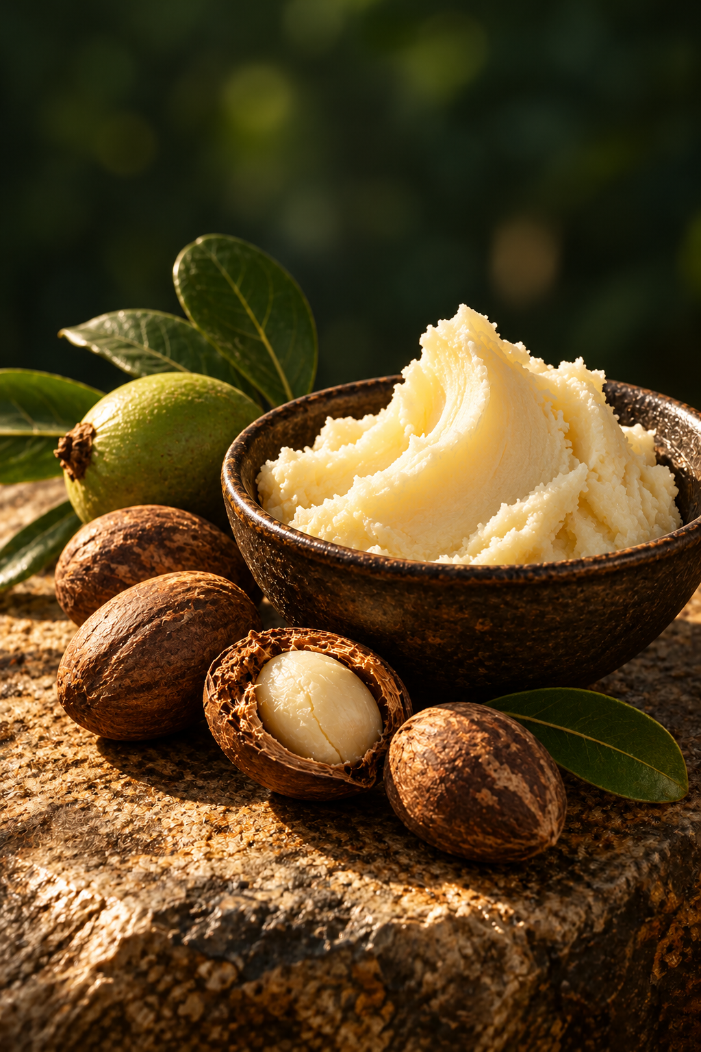 Illustration of shea butter with shea nuts in warm light against deep green