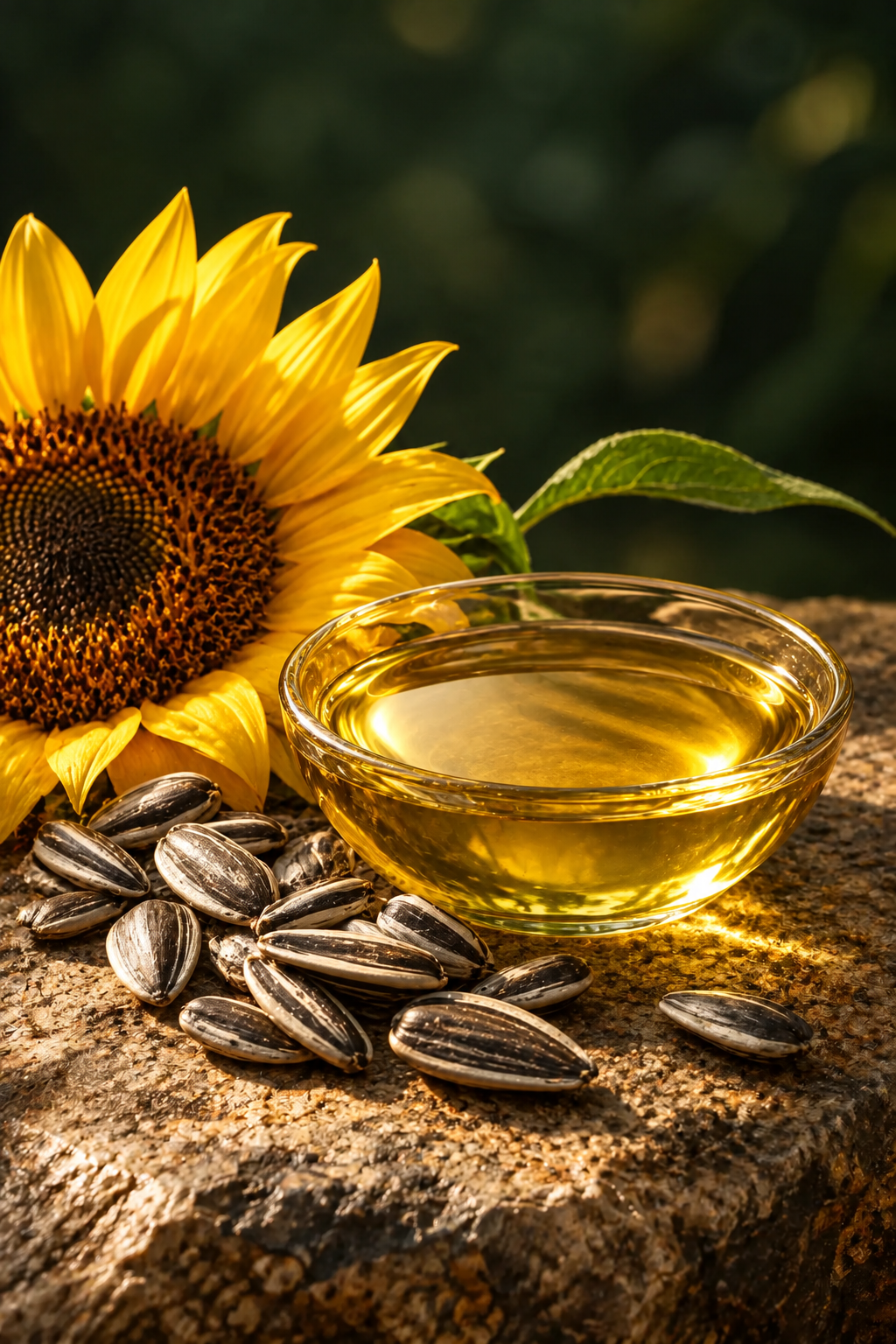 Illustration of sunflower seed oil in warm light against deep green