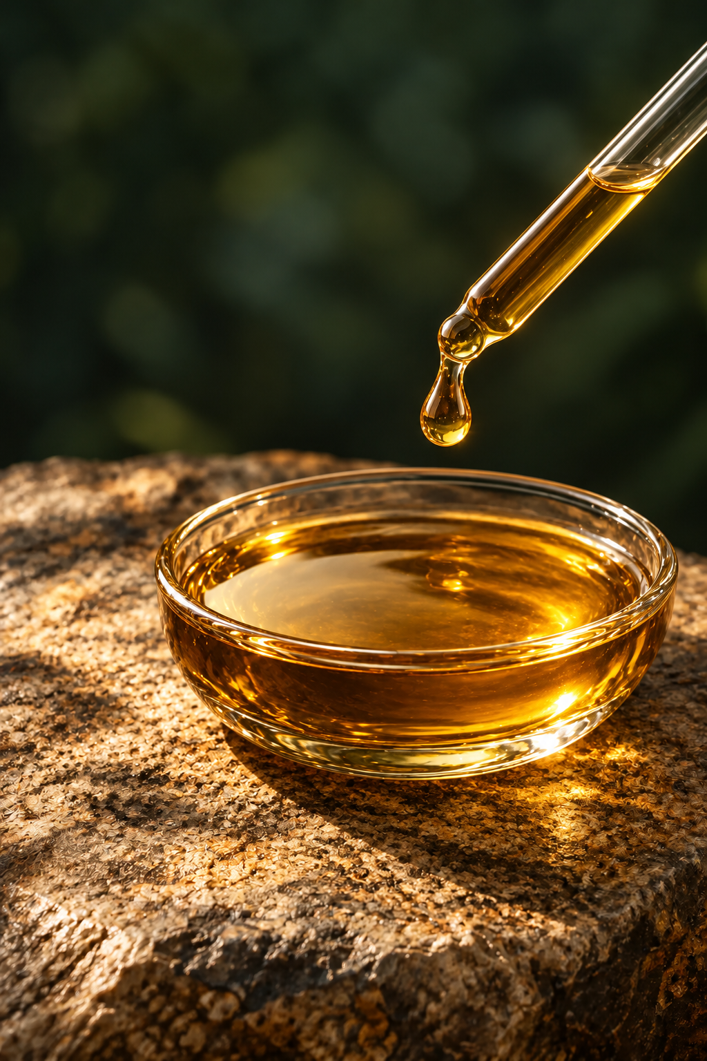 Illustration of mixed tocopherols as an amber liquid in warm light against deep green