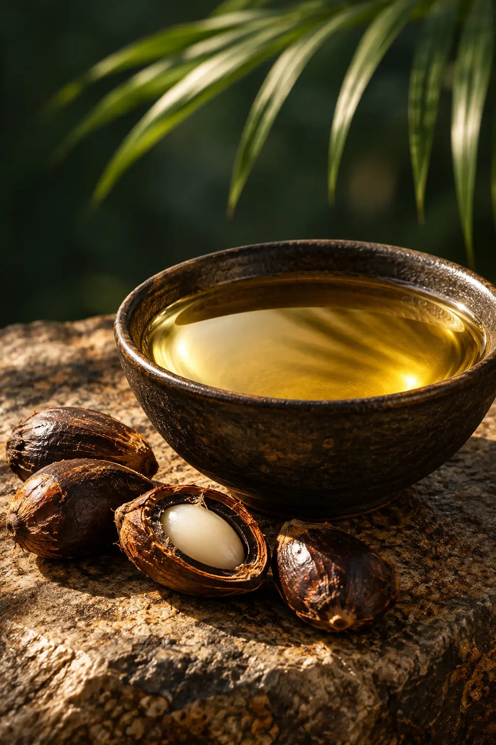 Illustrative palm kernel ingredient still life for Zarenva's body butter and hair and scalp butter.