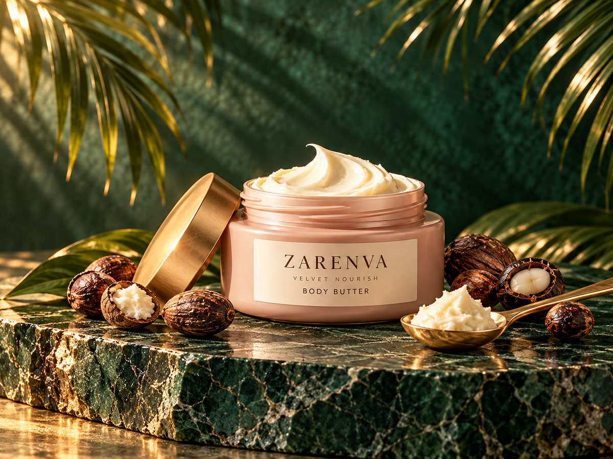 Packaging preview of Zarenva Velvet Nourish Body Butter with shea nuts and palm kernels in an emerald and gold setting.
